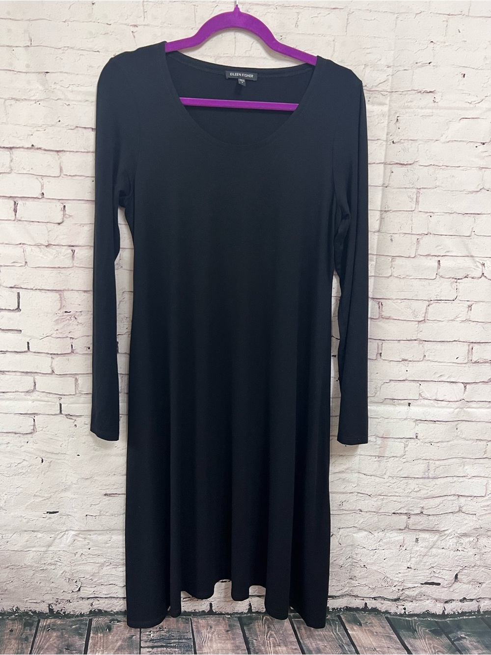 EILEEN FISHER Black Long Sleeve Scoop Neck Swing Dress Knit Midi Size Small